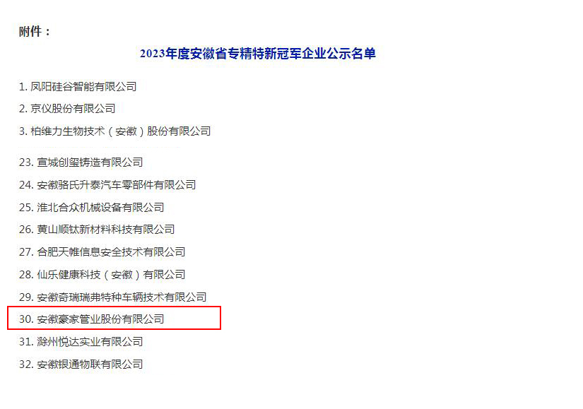 管業(yè)股份被評(píng)為2023年度安徽省專(zhuān)精特新冠軍企業(yè)